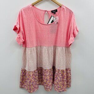 GiGiO USA Womens Size Small Short Sleeve Tiered Colorblock Baby Doll Tee 1925